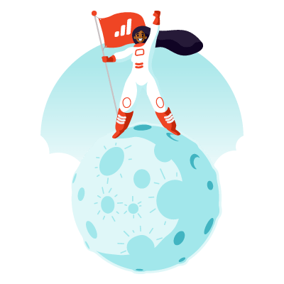 Ilustración de astronauta celebrando la conquista de la luna con una bandera en referencia a el incremento de la eficiencia de los procesos de venta gracias a Escala