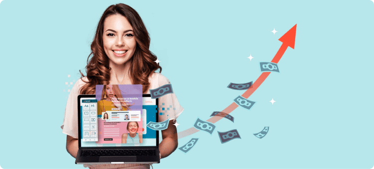 Ilustración de una mujer sosteniendo un portátil en sus manos con una landing page y una gráfica de crecimiento y dinero saliendo de ella en referencia a las conversiones de las landings creadas con Escala