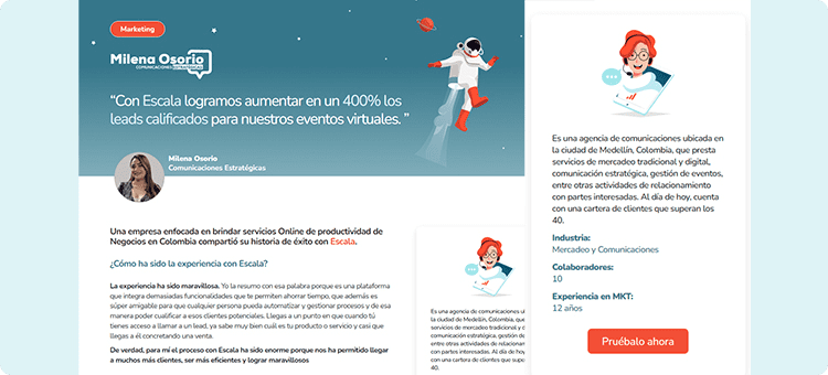 Ilustración en referencia a casos de éxito de negocios que crecieron con Escala y todas sus funcionalidades como plataforma de marketing y ventas en Español